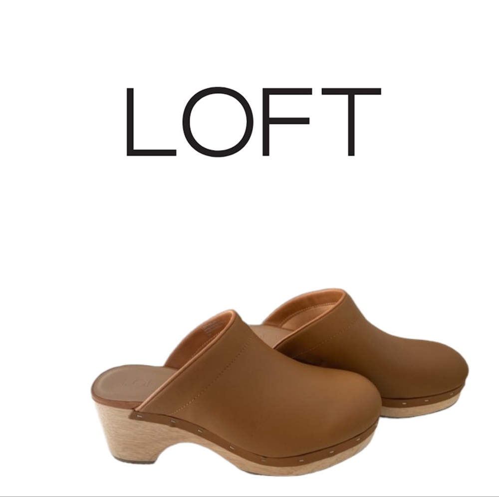 New LOFT  Missy Leather Mule Wooden  Block Wedge 9.5 M